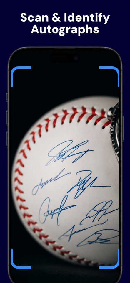 App Store promotional screenshot showing a signed baseball in Autograph Identifier AI's scanning frame